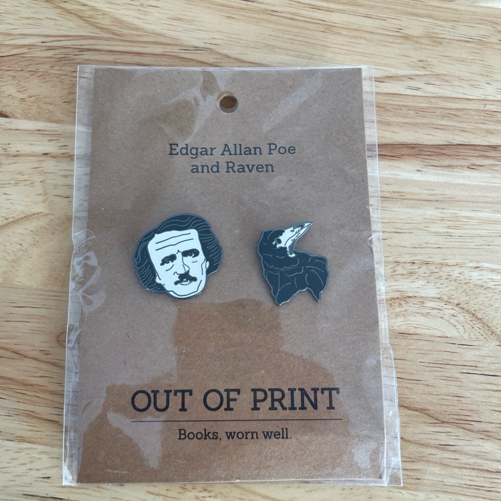 Out of Print Edgar Allan Poe and Raven Black Enamel Pins